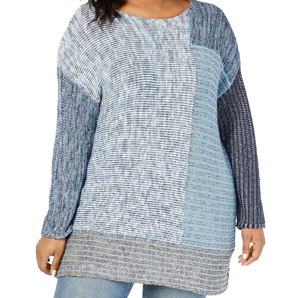 Style&Co. Women's Color-block/Patchwork Tunic Sweater Plus Size 0X (Blue Combo)